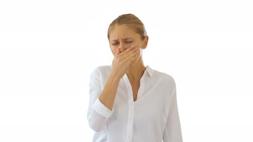 Young Business Woman Walking Feeling Sick and Coughing on White Background