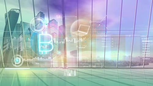 Futuristic Cryptocurrency Data Display with Bitcoin Symbol and Financial Charts