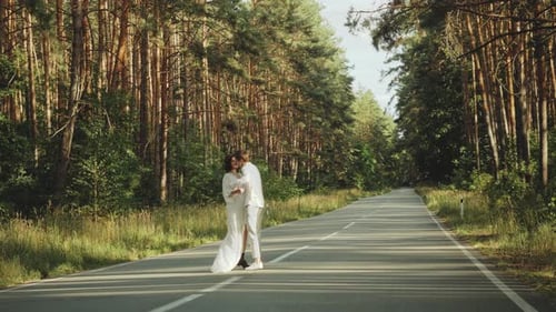Hipster Couple in Love Walk in Beautiful Place Hold Hands Man and Woman Hugging and Enjoying