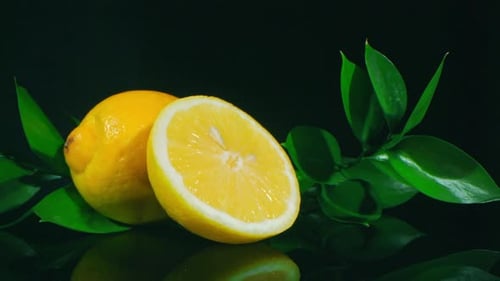 Macro Shot of Sliced Lemon with Green Leaves