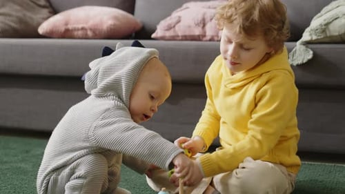 Baby and Boy Playing Together with Toys Indoors