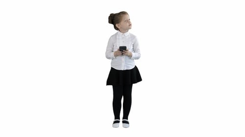 Girl Plays with Smartphone on White Background