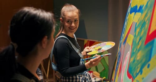 Friends Play in the Painting Studio Together Spending Time Creating a Masterpiece with Acrylic