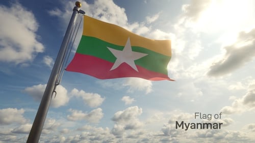 Realistic Waving Flag Of Myanmar On Blue Sky