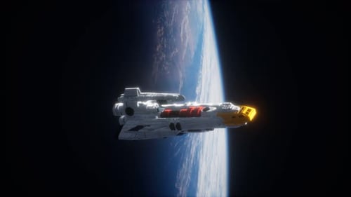 Futuristic Spaceship Orbiting Earth in Outer Space