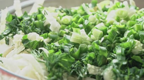 Closeup of Chopped Young Green Onions and Finely Chopped Parsley with Dill in a White Glass Bowl
