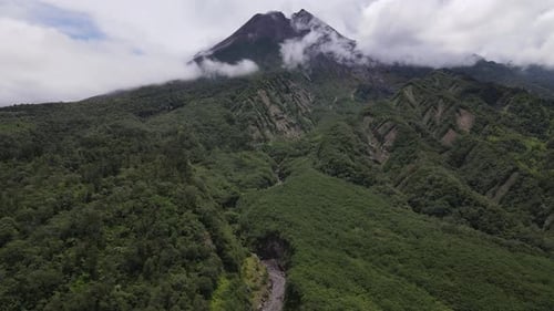 Aerial view of active Merapi mountain with clear sky in Indonesia