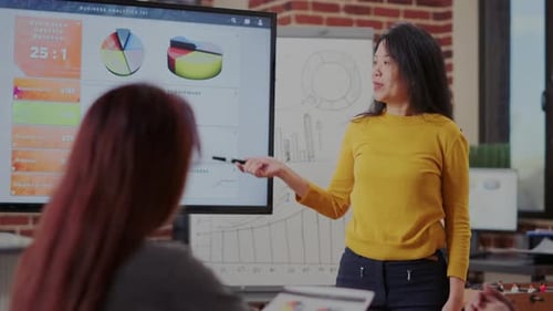 Woman Presents Charts to Colleagues in Office