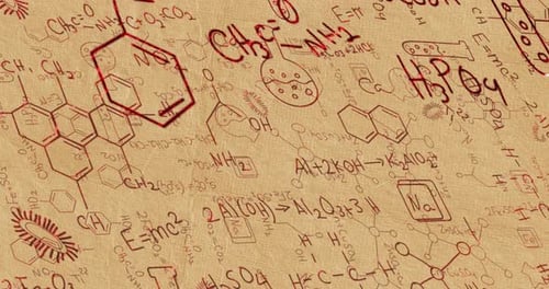Red structural formulae of chemical compounds on paper