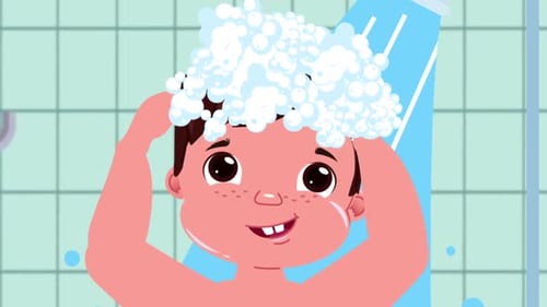 Cartoon Child Washing Hair in Flat Design Animation