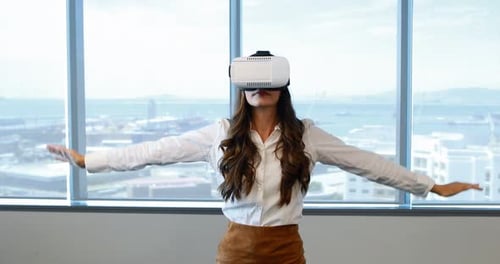 Woman Using VR Headset for Meditation in Office