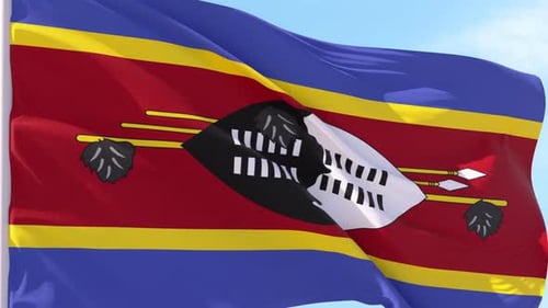 Eswatini Flag Waving in Slow Motion Against Blue Sky