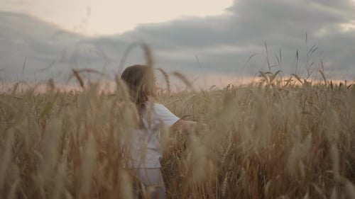 Daughter and Mother Dream Together Run in the Wheat Field at Sunset