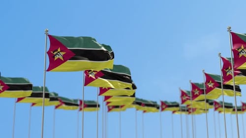 Mozambique Flags Waving in Wind Against Blue Sky
