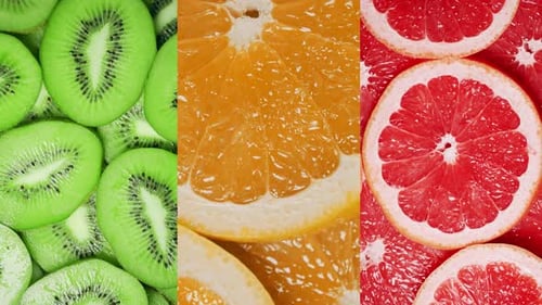 Colorful Macro Footage of Sliced Kiwi, Orange, and Grapefruit