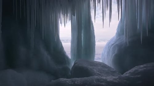 Huge Stalactites Sharp Icicles Floes Frozen Grotto Blue Ice Iceberg of Lake Baikal