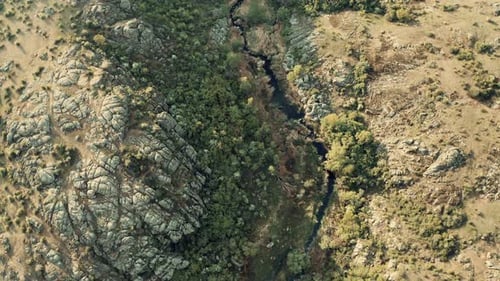 Aerial View of a Thin Stream Running Through a Canyon in the Mountains