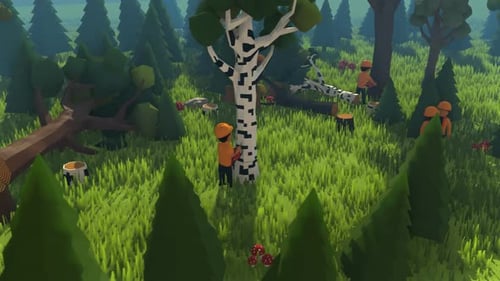 Low Poly Forest Logging Animation with Woodcutters and Excavator