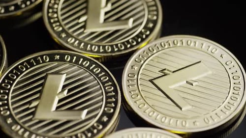 Rotierende Aufnahme von Bitcoins (digitale Kryptowährung) - BITCOIN LITECOIN 208