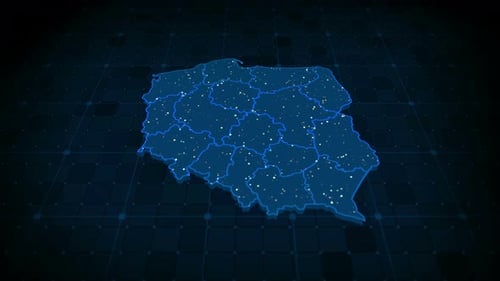Futuristic Poland Map with Glowing Network Data Points