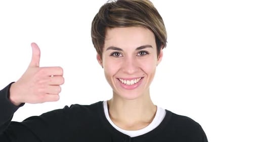 Smiling Woman Gives Thumbs Up on White Background