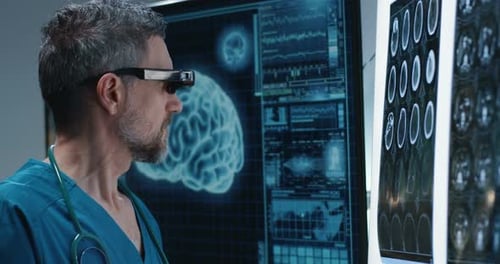 Doctor Examining Brain Scan with VR Headset
