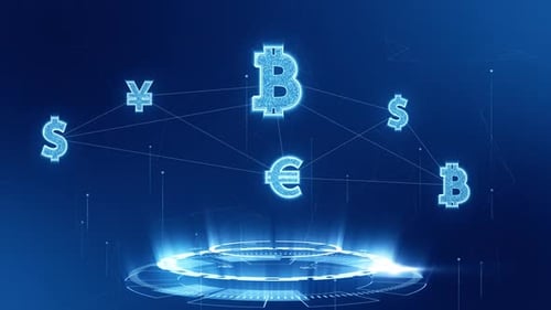 Connexion de l'icône de l'argent bleu à la rotation d'un cercle futuriste, technologie d'arrière-plan