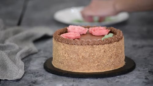 Baker Decorating Beautiful Birthday Cake with Frosting