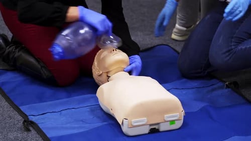 CPR Training Session With Manikin And Trainees