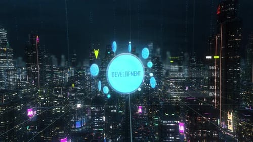 Futuristic City Hologram Display with Technology and Business Icons