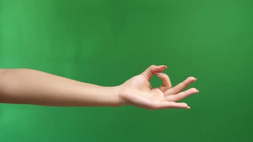 Hand-Ok-Schild für Frauen auf grünem Bildschirmhintergrund