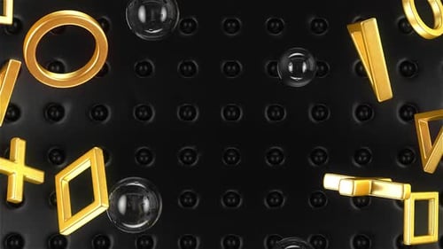 Animated Golden 3D Geometric Shapes with Transparent Spheres