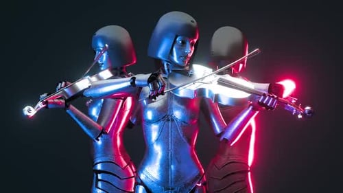 Futuristic Robots Playing Violin with Dynamic Neon Lighting