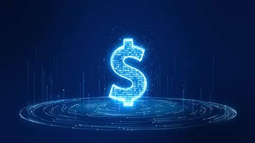 Blue digital money logo with futuristic technology circle rotation on abstract background