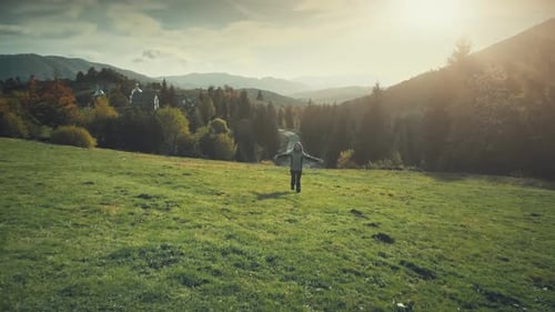 Happy Girl Run High Mountain Valley Aerial View