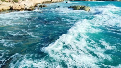 Coastline Aerial Top View Nature Landscape Pure Blue Sea Water with Waves at Rocky Coast