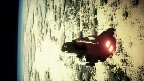 Futuristic Spaceship Orbiting Planet in Deep Space