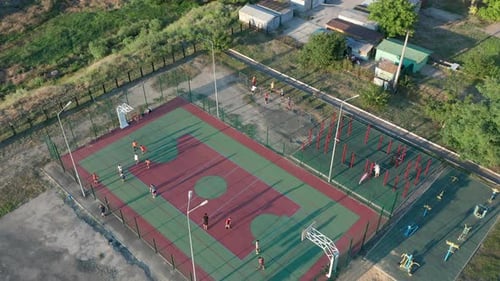 Aerial View. Park with a Basketball Field and a Training Platform. Sports Area