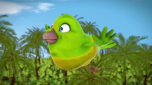 4K-Animation eines lustigen grünen Cartoon-Vogels,