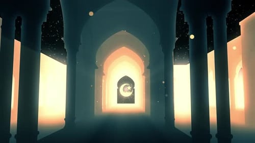 Illuminated Islamic Archway with Crescent Moon and Star