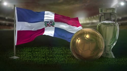 Dominican Republic Flag Waving with Football and Silver Trophy