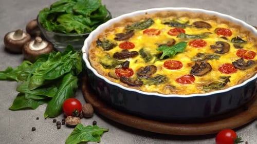 Baked Homemade Quiche Pie in Ceramic Baking Form