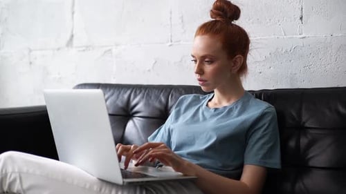 Serious Redhead Young Businesswoman Working at Laptop Computer at Home Office on Sofa.
