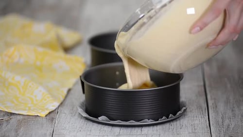 Pouring Cake Batter into Round Baking Pan