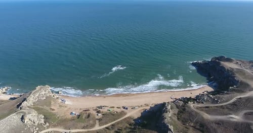 Aerial View on Beautiful Sea Rocky Coast with Cliffs in Crimea. Black Sea. Beautiful Aerial Drone