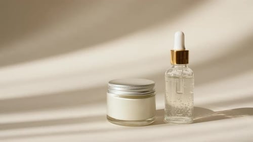Cream in a Glass Jar and Skin Care Cosmetic Oil Serum Bottle on Beige Background in the Morning Rays