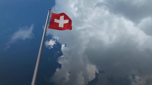 Swiss Flag Waving in Wind with Dynamic Sky Background Loop