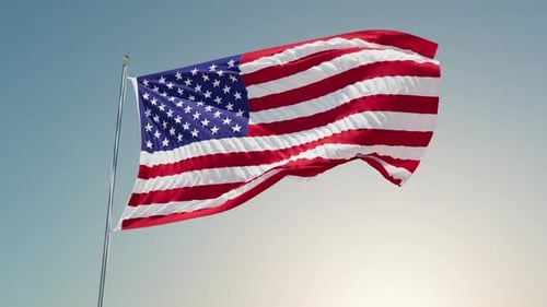 Realistic Waving American Flag Looping Animation Against Blue Sky