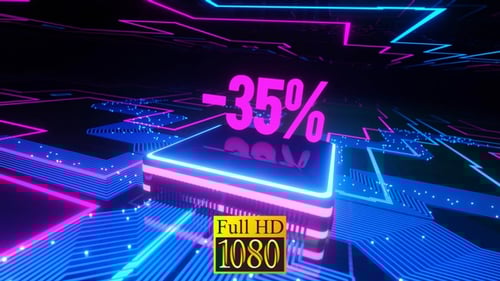 Neon Futuristic Digital Circuit Board with Glowing Discount Percentage