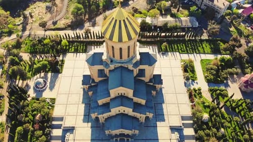 Fly Over Beautlful Orthodox Church Surounded By Greenery